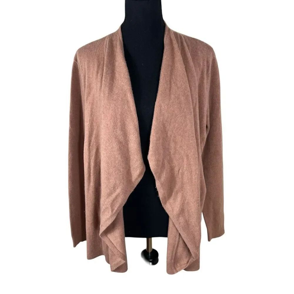 Lands End Womens L Blush brown 100% Cashmere Longsleeve Waterfall Cardigan cozy